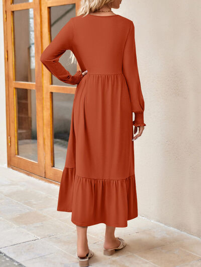 Round Neck Lantern Sleeve Ruffle Hem Dress | 1mrk.com