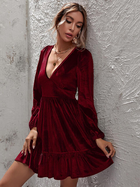 Plunge Long Sleeve Ruffle Hem Dress | 1mrk.com