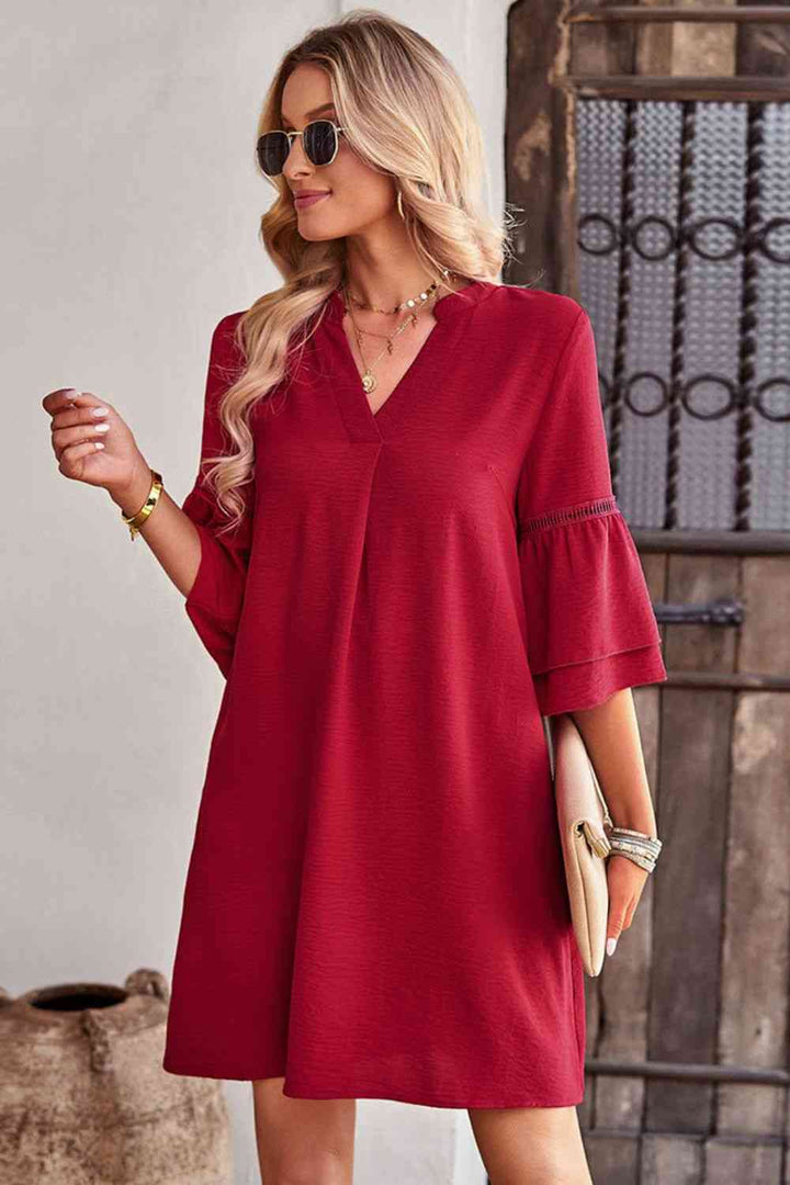 Notched Neck Flare Sleeve Pocket Dress |1mrk.com