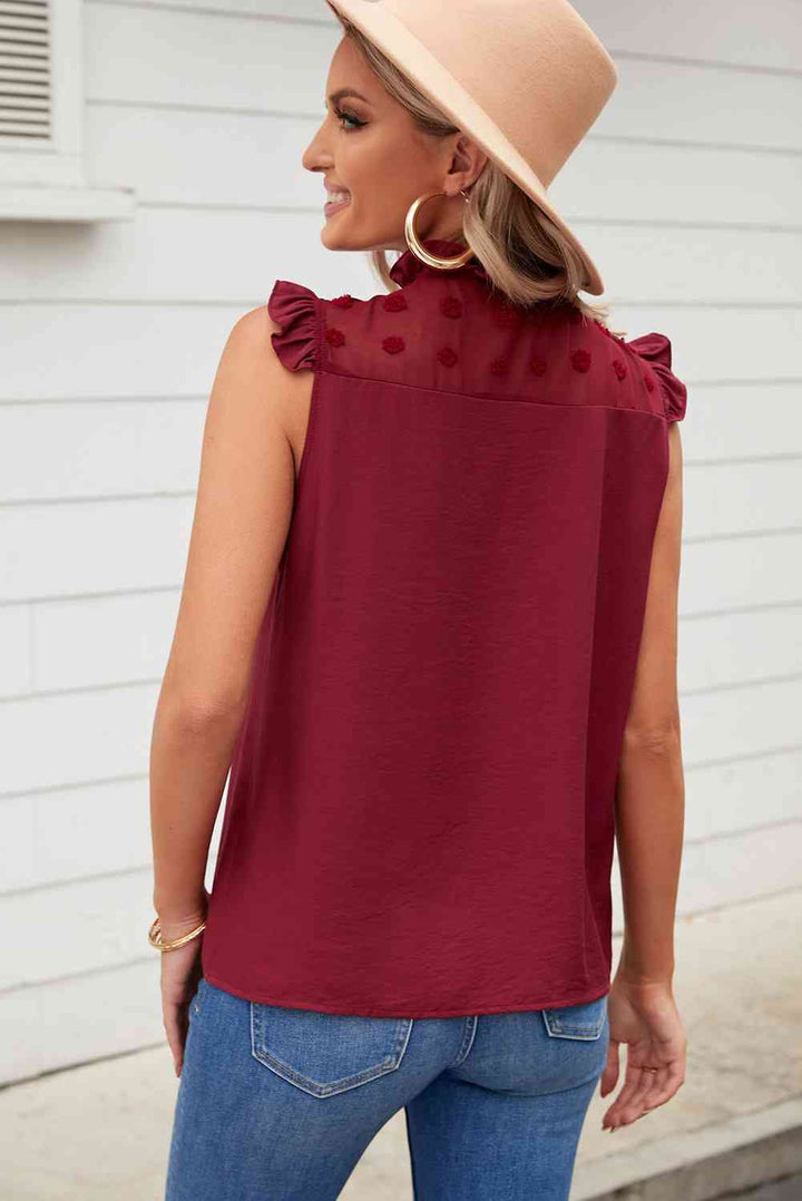 Swiss Dot Buttoned Ruffle Trim Tank | 1mrk.com