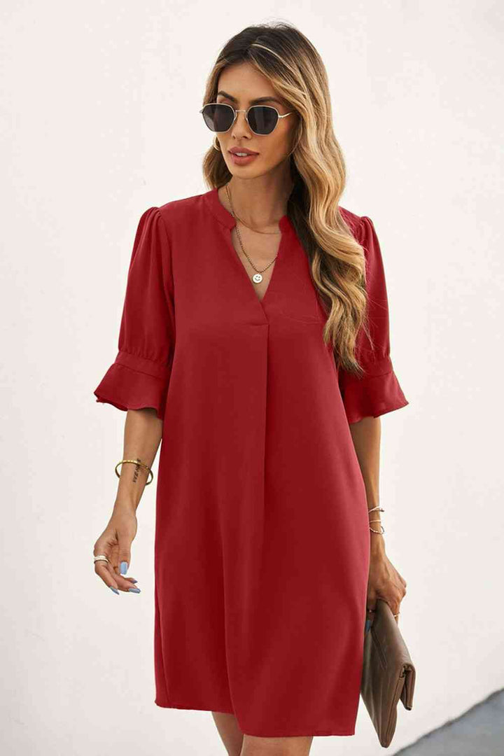 Puff Sleeve Notched Mini Shift Dress |1mrk.com