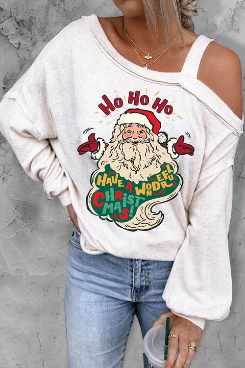 Santa Claus Graphic Asymmetrical Neck Long Sleeve Top | 1mrk.com