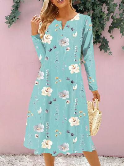 Floral Notched Long Sleeve Midi Dress |1mrk.com