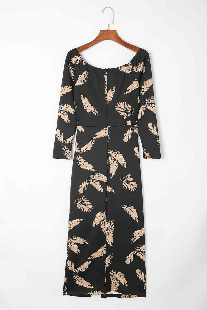 Printed Round Neck Slit Midi Dress |1mrk.com