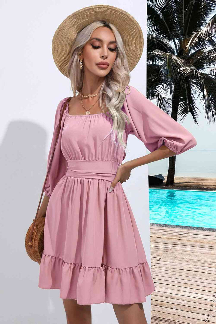 Square Neck Tie Back Ruffle Hem Dress |1mrk.com