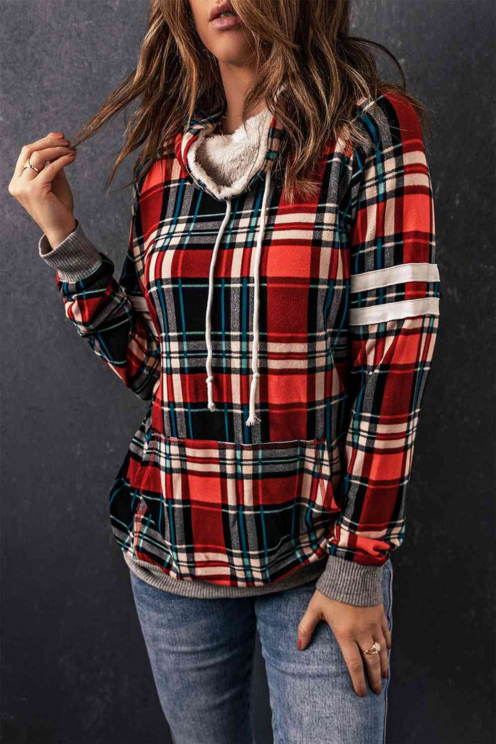 Plaid Drawstring Long Sleeve Sweatshirt |1mrk.com