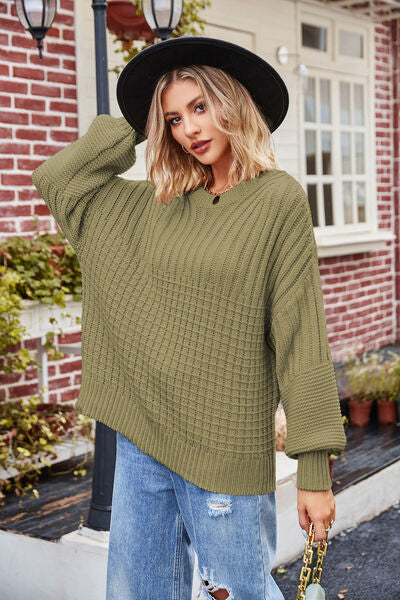 Ribbed Drop Shoulder Lantern Sleeve Sweater | Trendsi