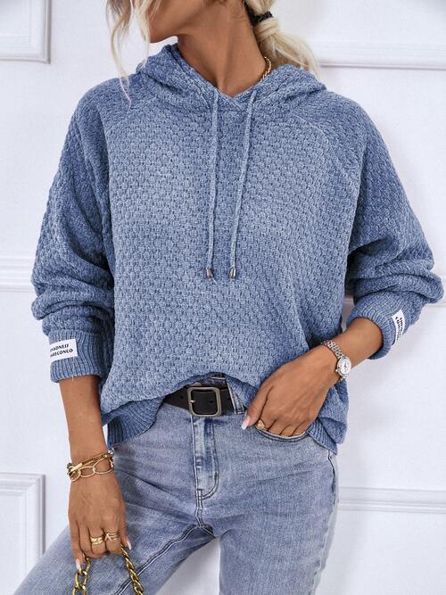 Texture Drawstring Long Sleeve Hooded Sweater | 1mrk.com