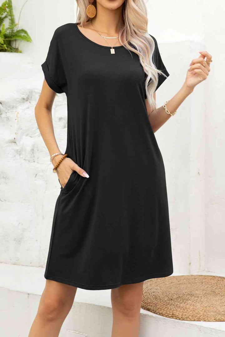 Scoop Neck Short Sleeve Pocket Dress |1mrk.com