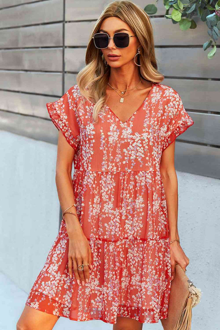 Printed V-Neck Short Sleeve Tiered Dress |1mrk.com