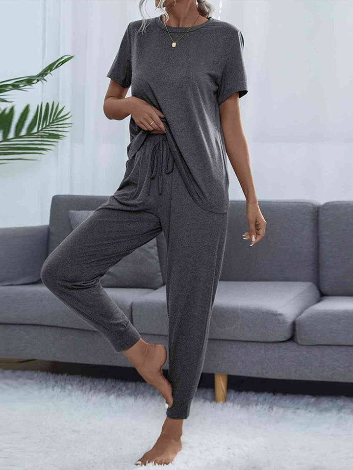 Round Neck Short Sleeve Top and Pants Set | 1mrk.com