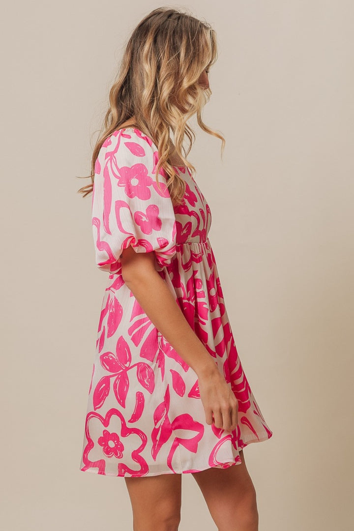 BiBi Tropical Floral Pattern Puff Sleeve Square Neck Dress | Trendsi