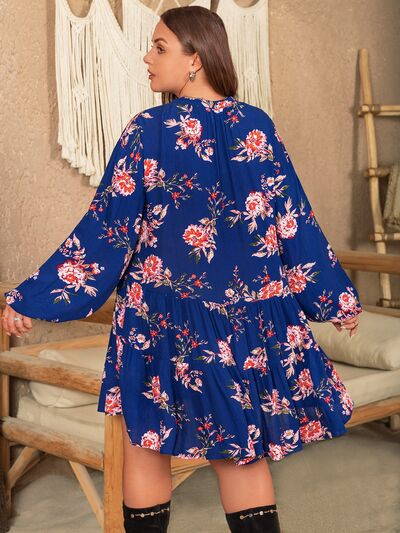 Plus Size Printed Tie Neck Balloon Sleeve Mini Dress |1mrk.com