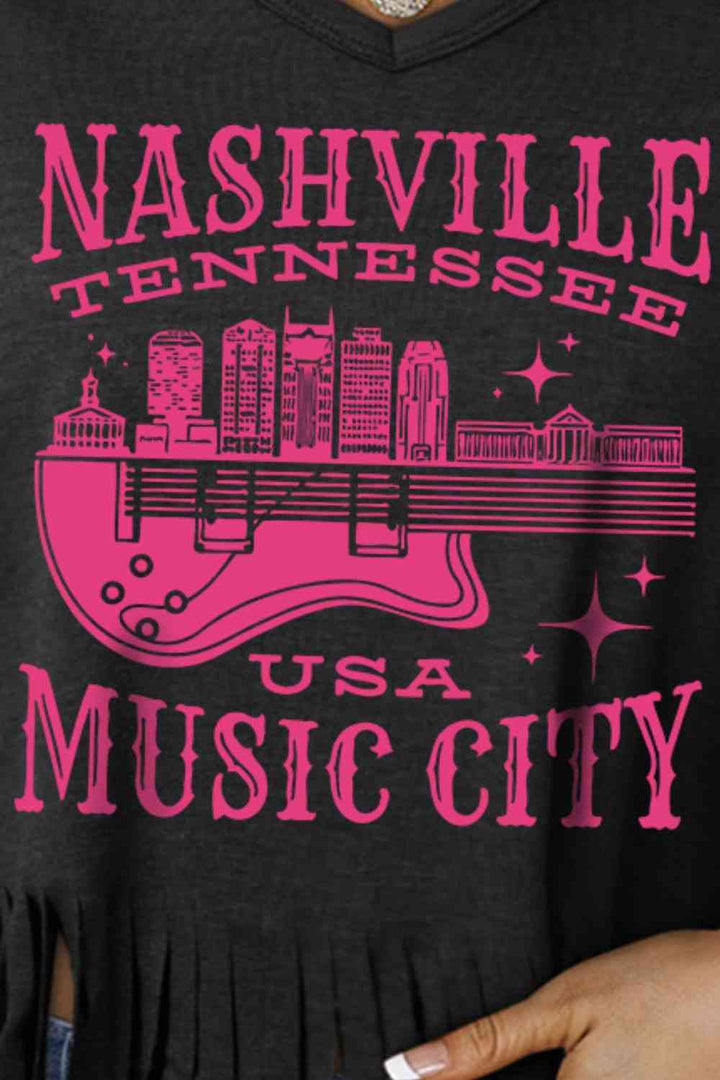 NASHVILLE TENNESSEE USA MUSIC CITY Graphic Fringe Hem Tee | 1mrk.com