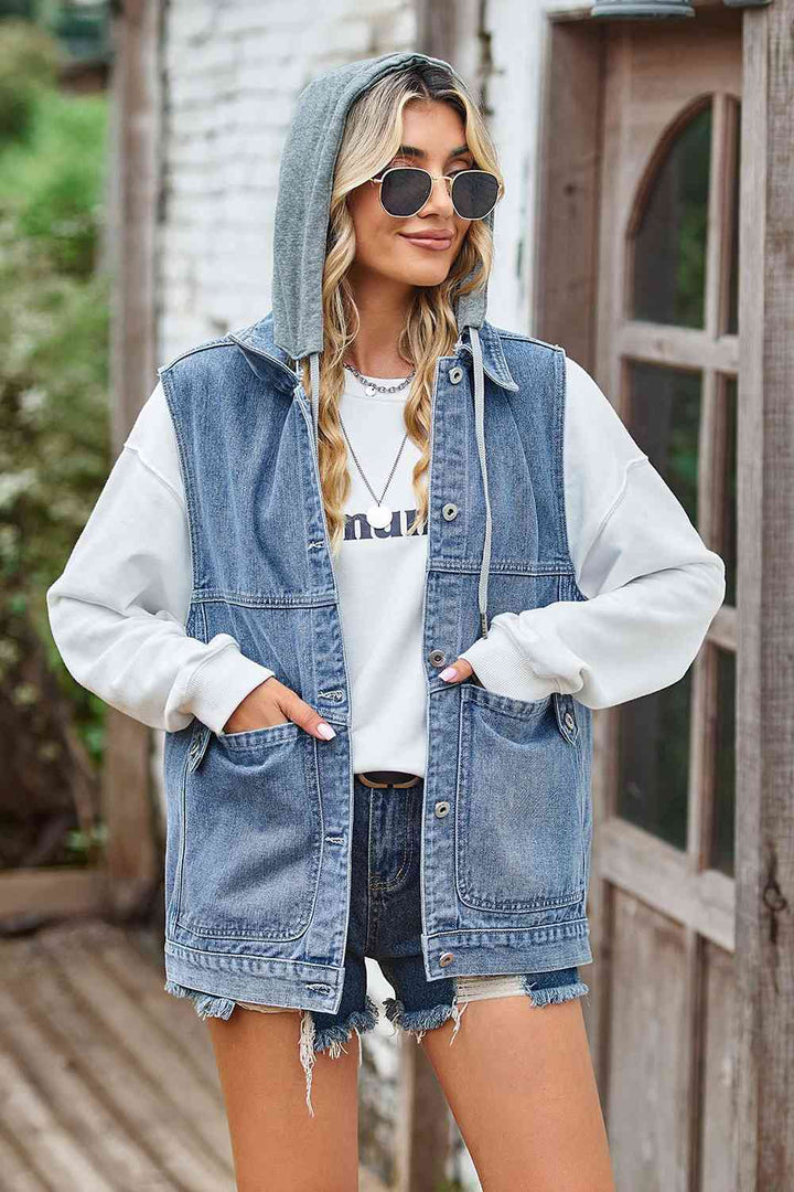 Sleeveless Hooded Denim Jacket with Pockets | 1mrk.com