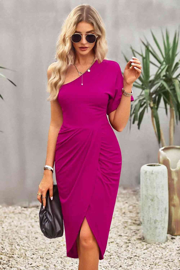 Ruched One-Shoulder Tulip Hem Dress | 1mrk.com