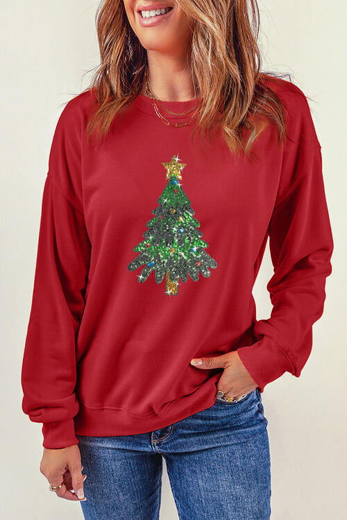 Sequin Christmas Tree Long Sleeve Sweatshirt |1mrk.com