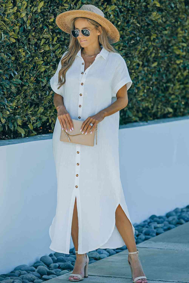 Textured Button Down Slit Shirt Dress | 1mrk.com