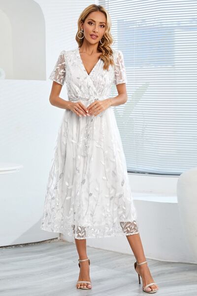 Sequin Leaf Embroidery Tie Front Short Sleeve Dress |1mrk.com