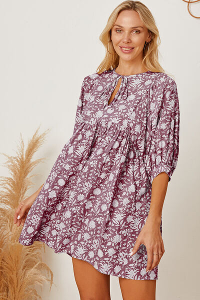 Floral Tie Neck Ruched Babydoll Dress |1mrk.com