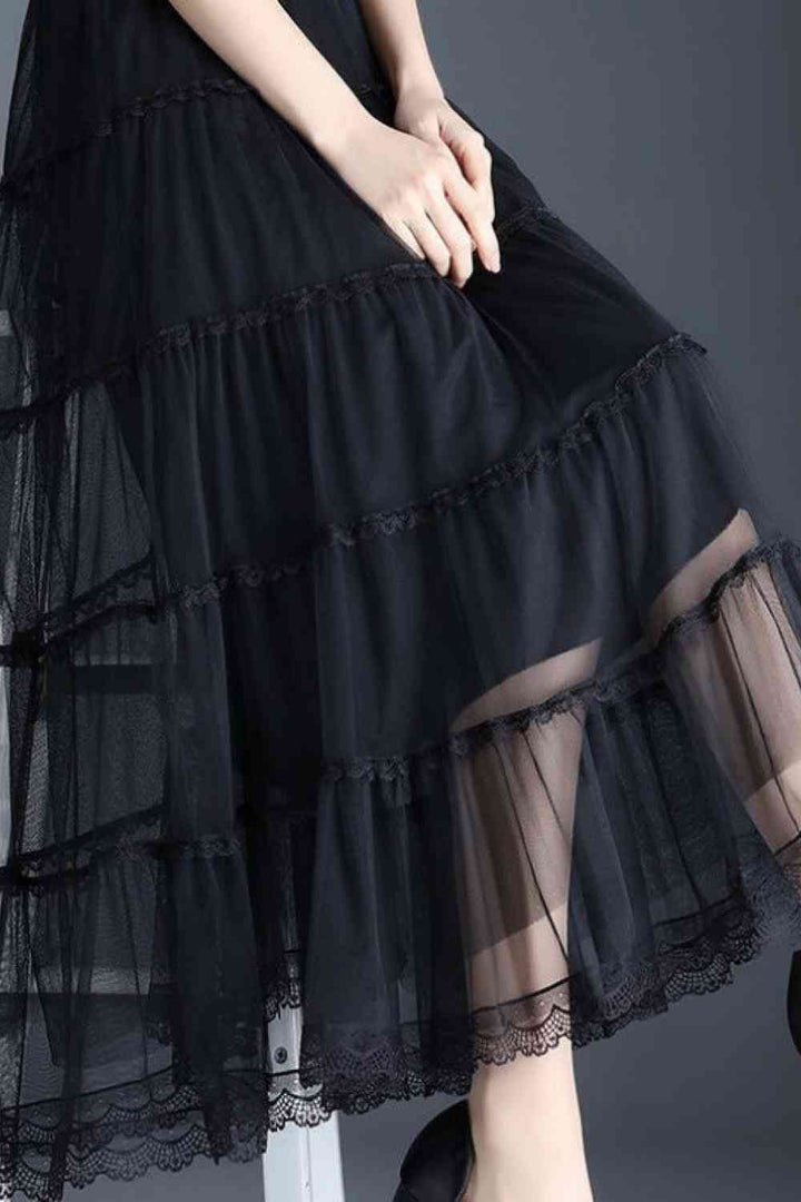 Smocked Lace Trim Midi Skirt |1mrk.com