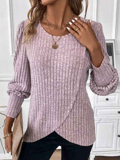 Ribbed Round Neck Long Sleeve Knit Top |1mrk.com