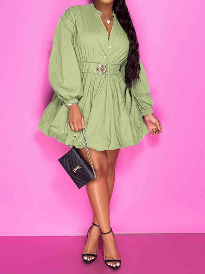 Notched Button Up Balloon Sleeves Dress | 1mrk.com