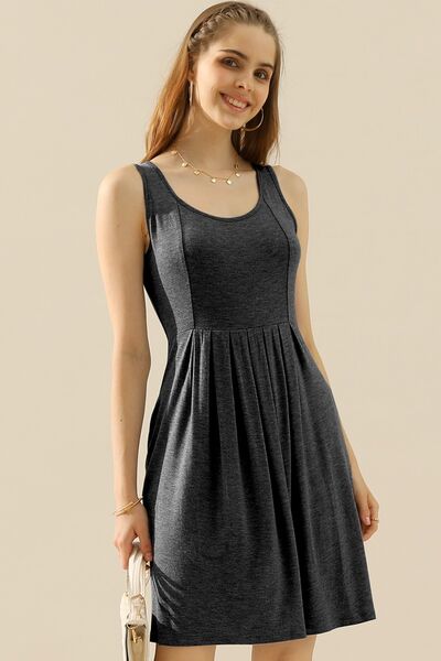 Doublju Full Size Round Neck Ruched Sleeveless Dress with Pockets |1mrk.com