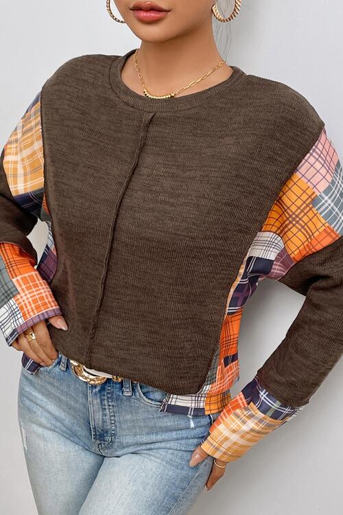 Plaid Exposed Seam Round Neck Sweatshirt |1mrk.com