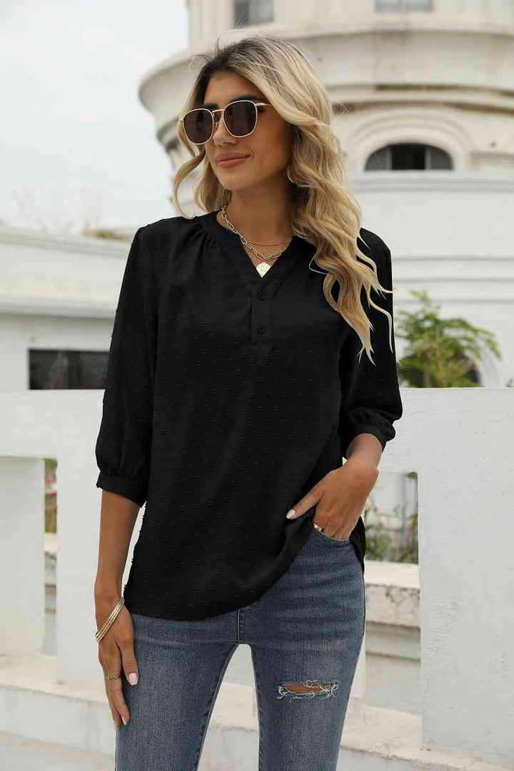 Swiss Dot Notched Neck Three-Quarter Sleeve Blouse | 1mrk.com