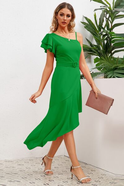 Ruffled Asymmetrical Neck Flutter Sleeve Dress |1mrk.com