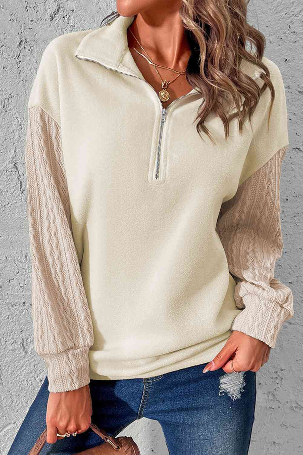Zip-Up Dropped Shoulder Cable-Knit Sweatshirt |1mrk.com