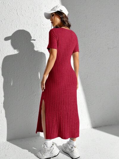 Slit Round Neck Short Sleeve Sweater Dress | Trendsi