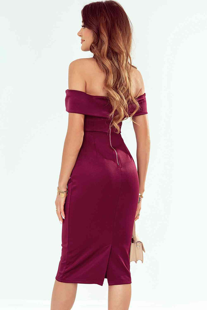 Off-Shoulder Zip-Back Slit Dress | 1mrk.com