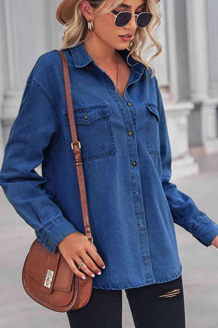 Collared Neck Dropped Shoulder Denim Top | 1mrk.com