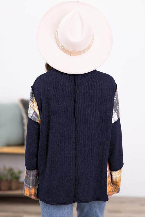 Plaid Exposed Seam Round Neck Sweatshirt |1mrk.com