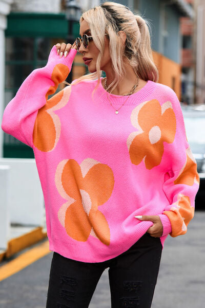 Flower Round Neck Dropped Shoulder Sweater |1mrk.com