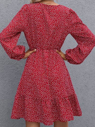 Printed Surplice Balloon Sleeve Dress |1mrk.com