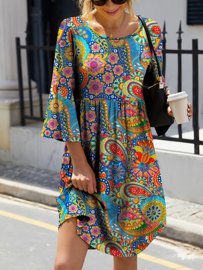 Paisley Print Round Neck Three-Quarter Sleeve Dress |1mrk.com