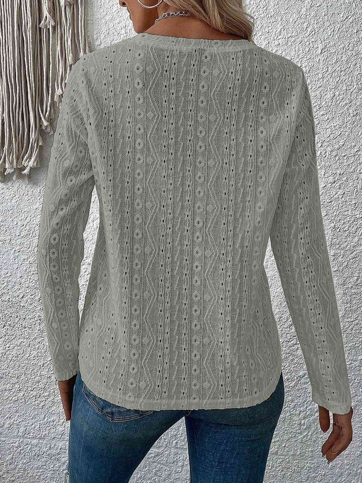 Eyelet Round Neck Long Sleeve Top | 1mrk.com