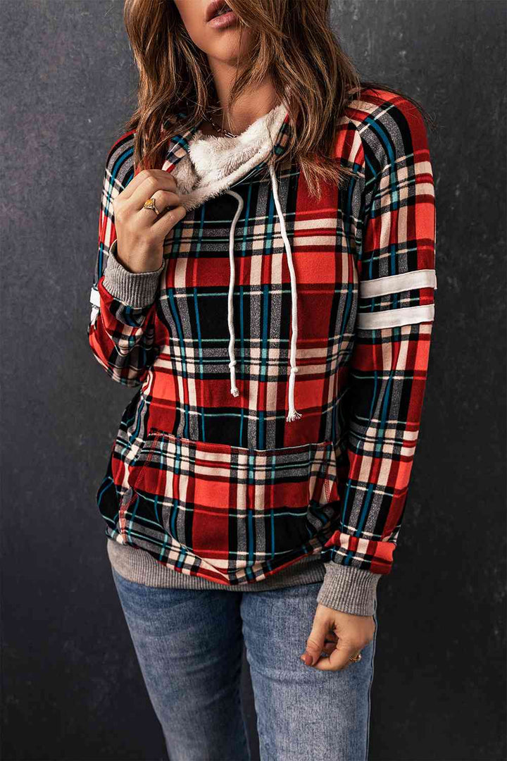 Plaid Drawstring Long Sleeve Sweatshirt |1mrk.com