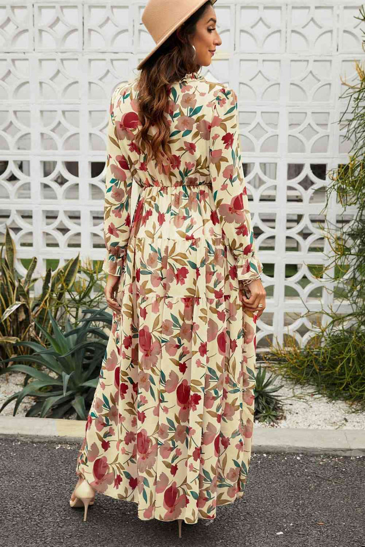 Floral Frill Trim Flounce Sleeve Plunge Maxi Dress | 1mrk.com