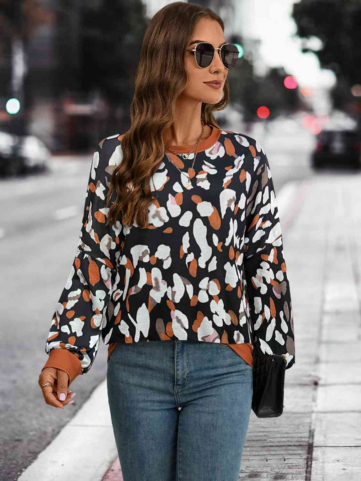 Leopard Round Neck Drop Shoulder Sweatshirt | 1mrk.com