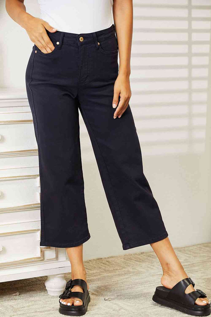 Judy Blue Full Size High Waist Tummy Control Garment Dyed Wide Cropped Jeans | 1mrk.com