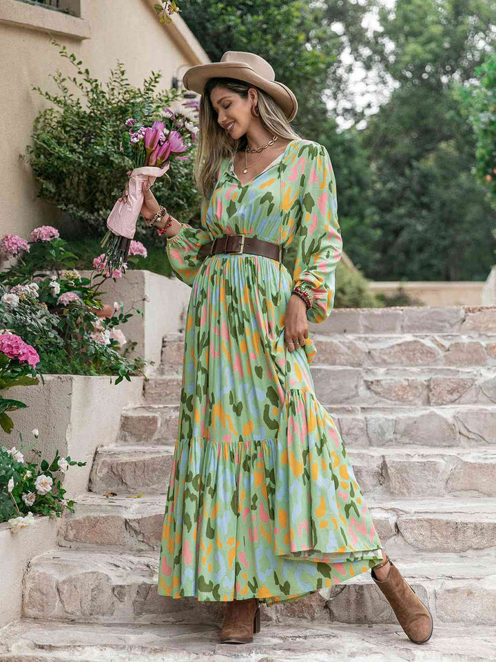 Printed Tie Neck Long Sleeve Maxi Dress |1mrk.com