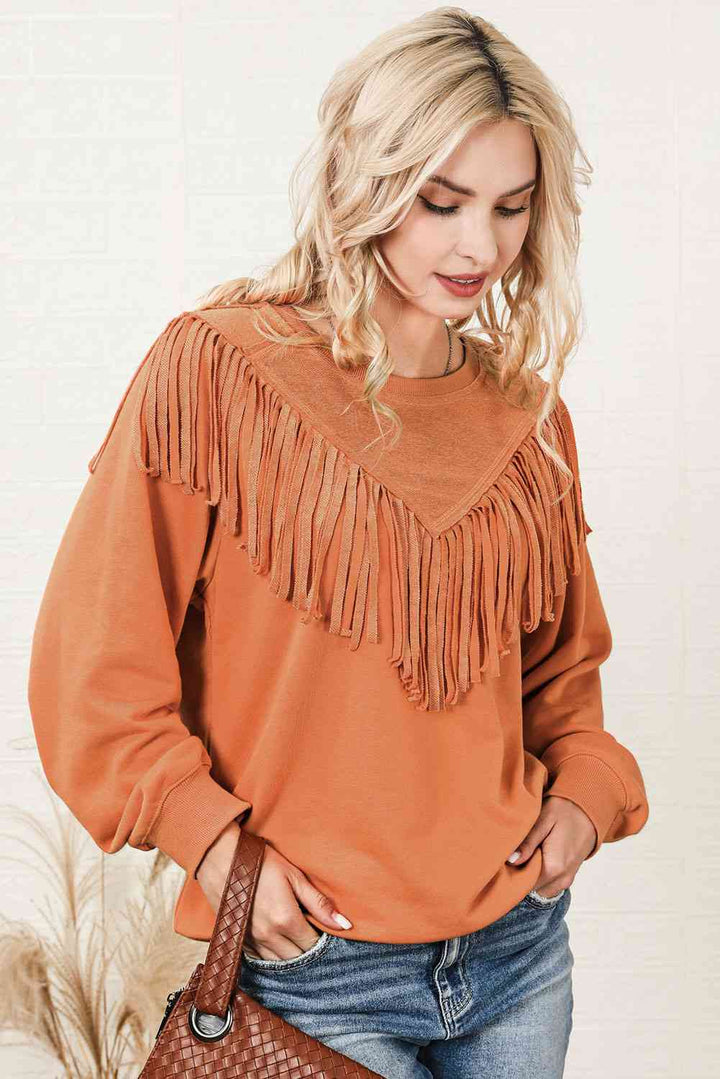 Fringe Trim Round Neck Sweatshirt |1mrk.com