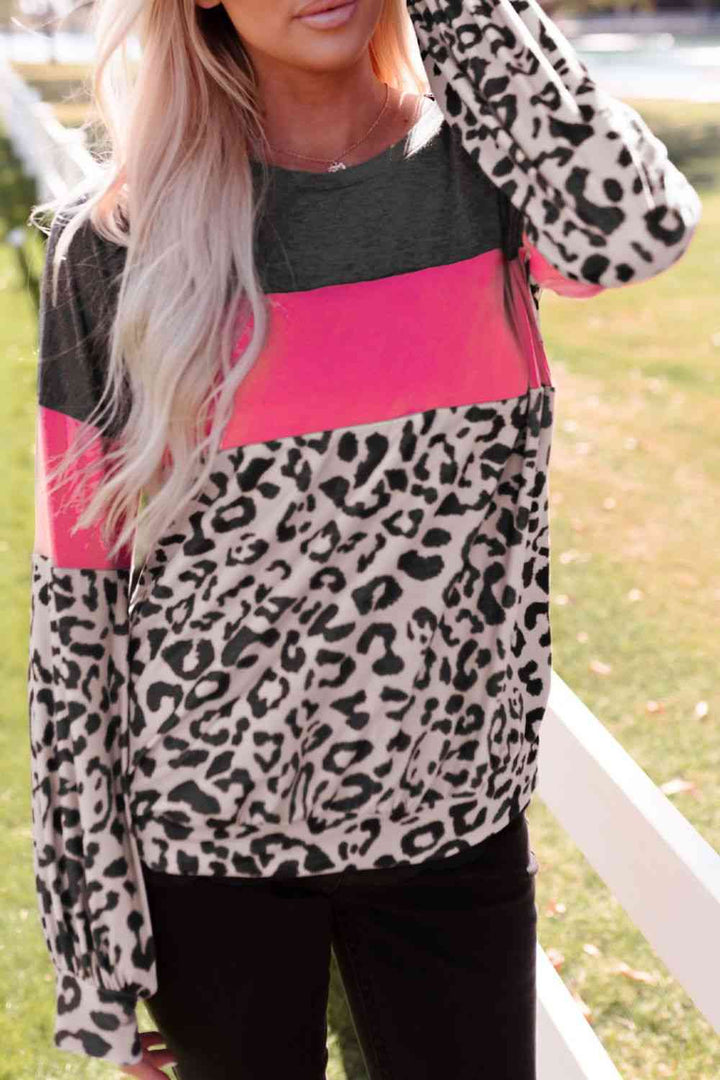 Leopard Print Color Block Long-Sleeve Top |1mrk.com