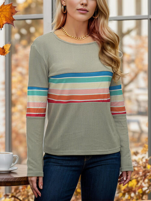 Striped Round Neck Long Sleeve T-Shirt | 1mrk.com