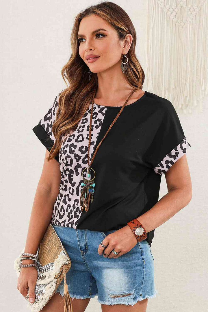 Leopard Two-Tone Round Neck Tee | 1mrk.com