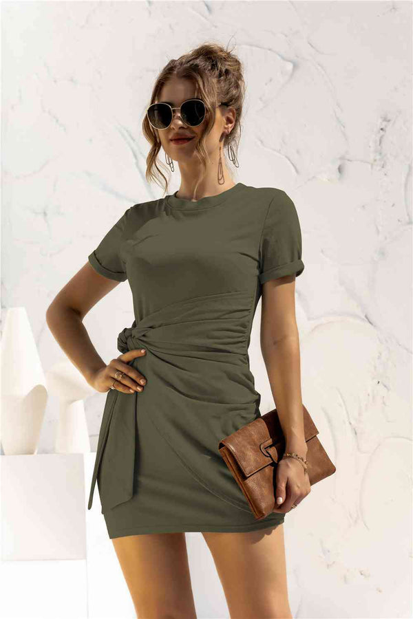 Round Neck Cuffed Sleeve Side Tie Dress |1mrk.com